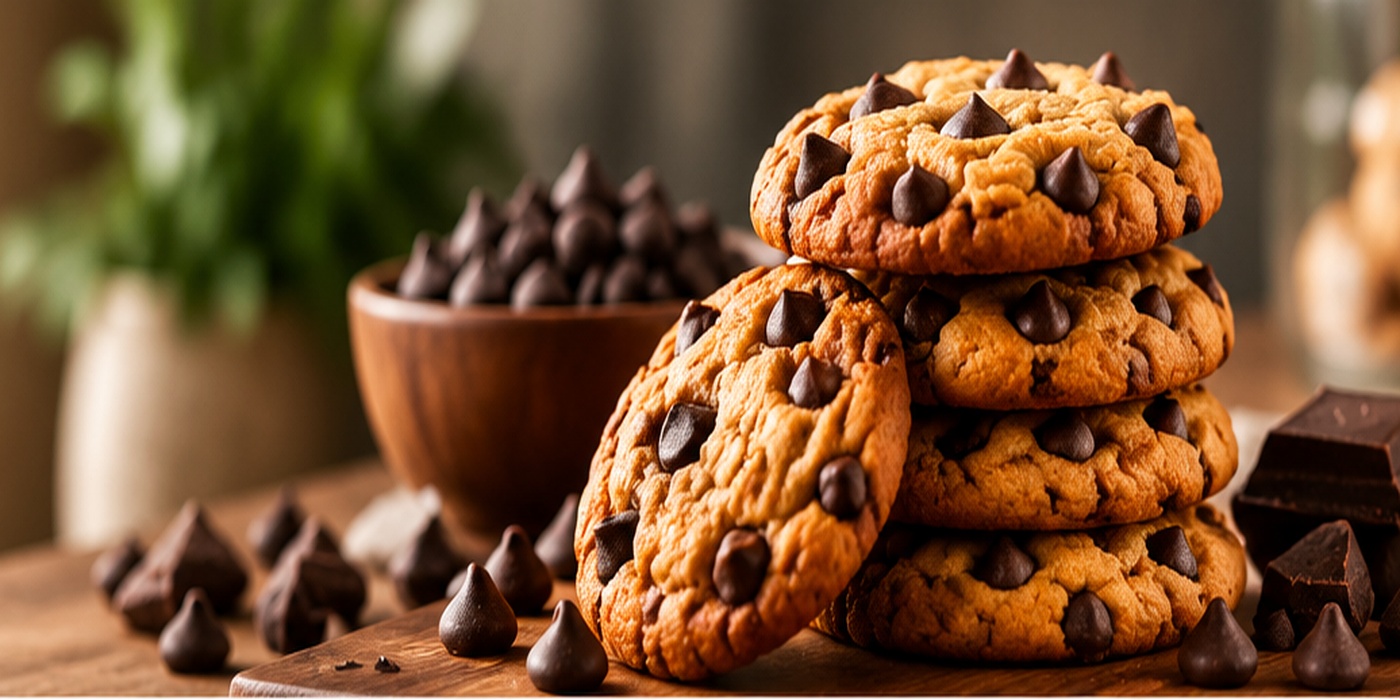 Freshly baked chocolate chip cookies